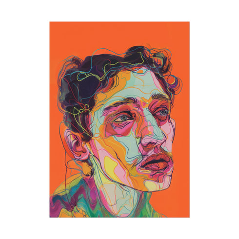 Vibrant digital portrait of a person with angular features against a bright orange background. The face is composed of bold, colorful lines and shapes in various hues including purple, yellow, pink, and teal. The subject has tousled dark hair and a contemplative expression, with prominent eyes and lips. The style is reminiscent of expressive, contemporary digital art.